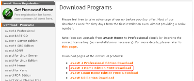 【avast!4 Home Edition Free Download】をクリック。